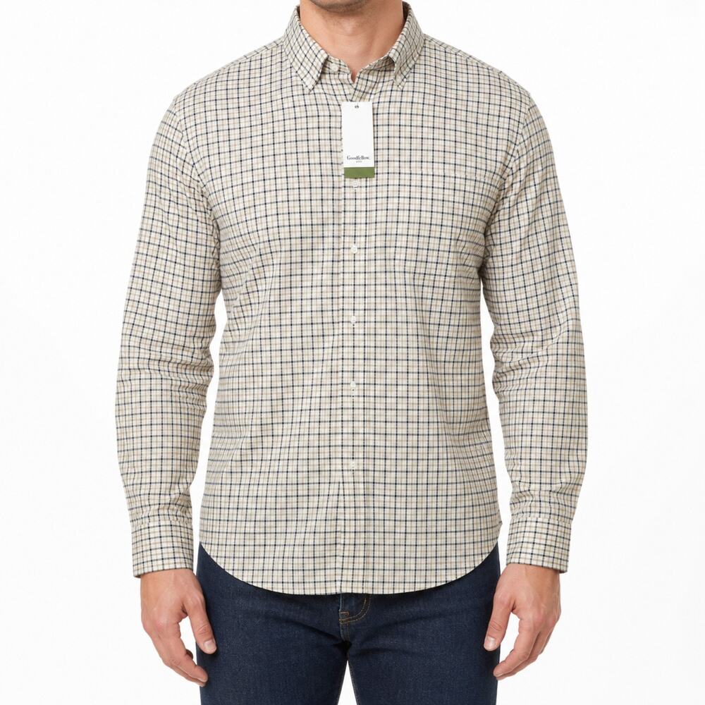 NEW Goodfellow Shirt Mens Large Tan Black White Plaid Slim Fit Button Up Stretch